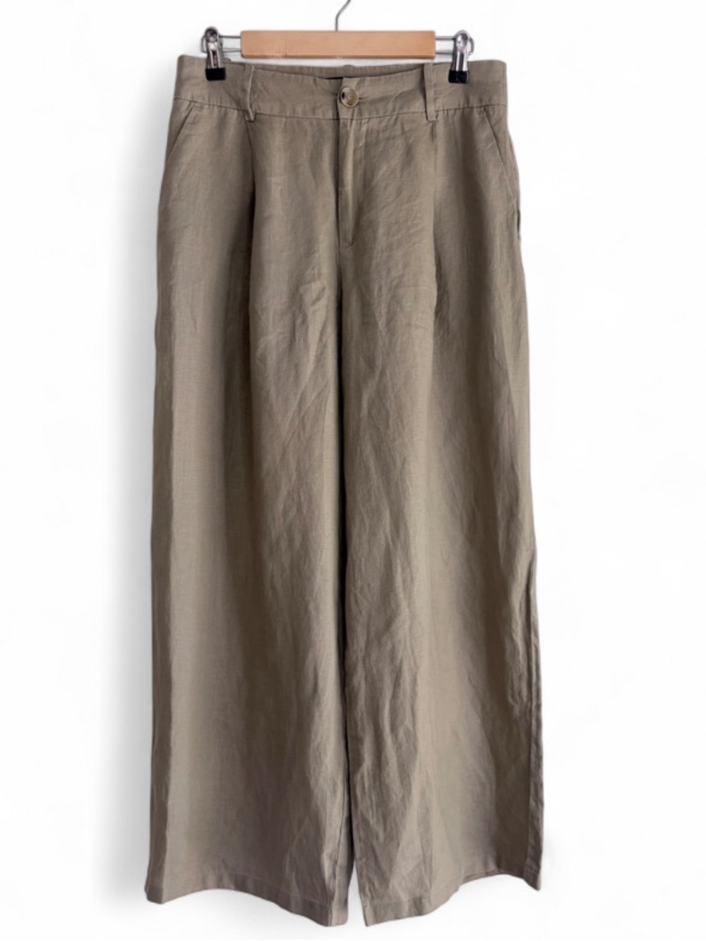Zara 100% Linen Tan Wide Leg High Rise Pants Size M